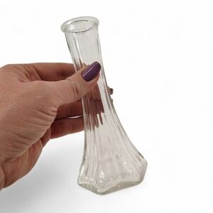 EO BRODY Bud Vase Ribbed Glass Floral Vase Table Decor 6" Tall w/ Hexagonal base